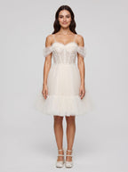 Ivory Tulle A-Line Sweetheart Bow Short Dress with Spaghetti Straps - Curvevia