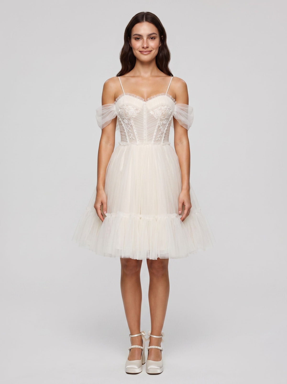 Ivory Tulle A-Line Sweetheart Bow Short Dress with Spaghetti Straps - Curvevia
