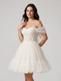 Ivory Tulle A-Line Sweetheart Bow Short Dress with Spaghetti Straps - Curvevia