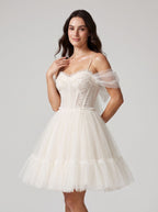 Ivory Tulle A-Line Sweetheart Bow Short Dress with Spaghetti Straps - Curvevia