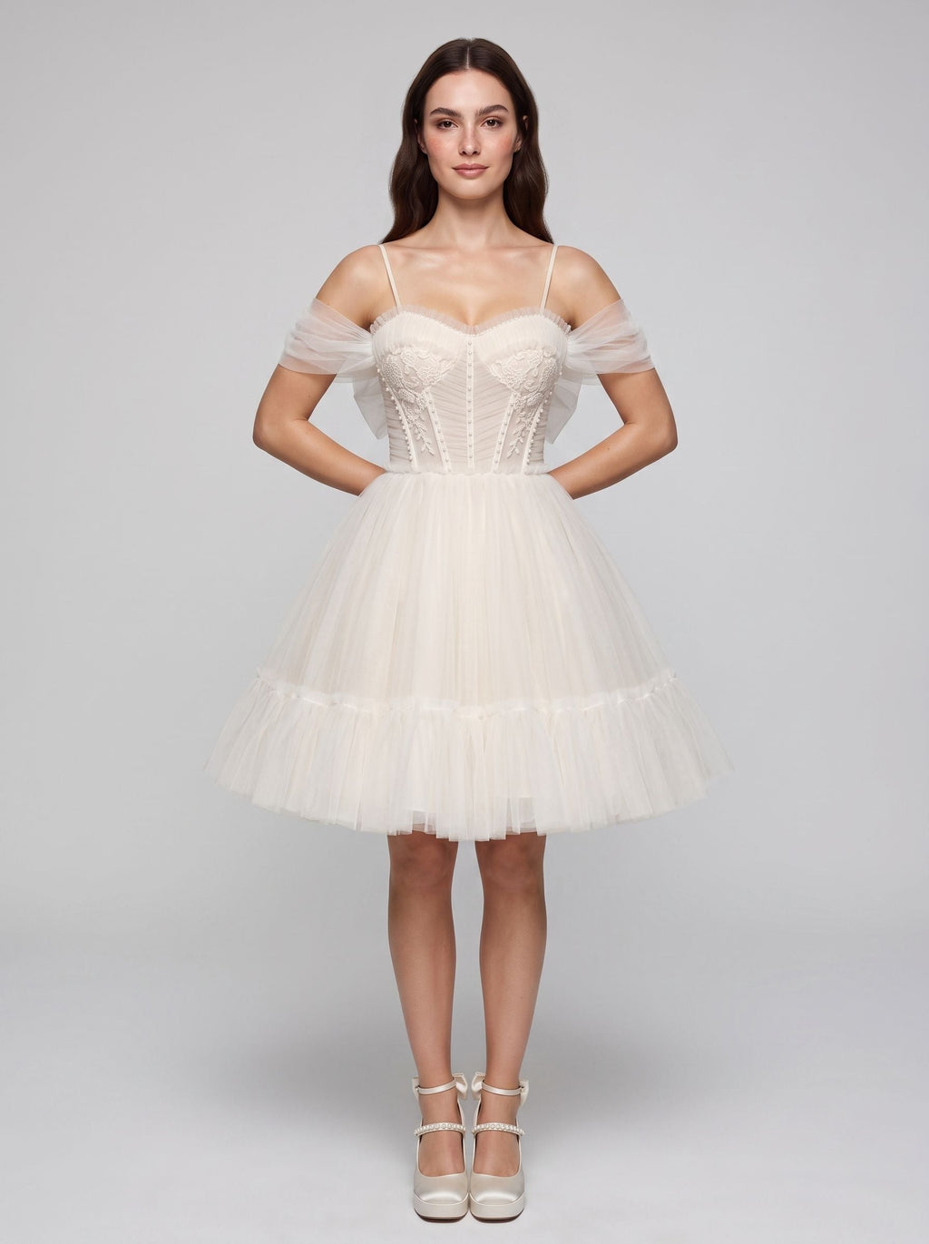 Ivory Tulle A-Line Sweetheart Bow Short Dress with Spaghetti Straps - Curvevia