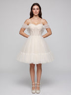 Ivory Tulle A-Line Sweetheart Bow Short Dress with Spaghetti Straps - Curvevia