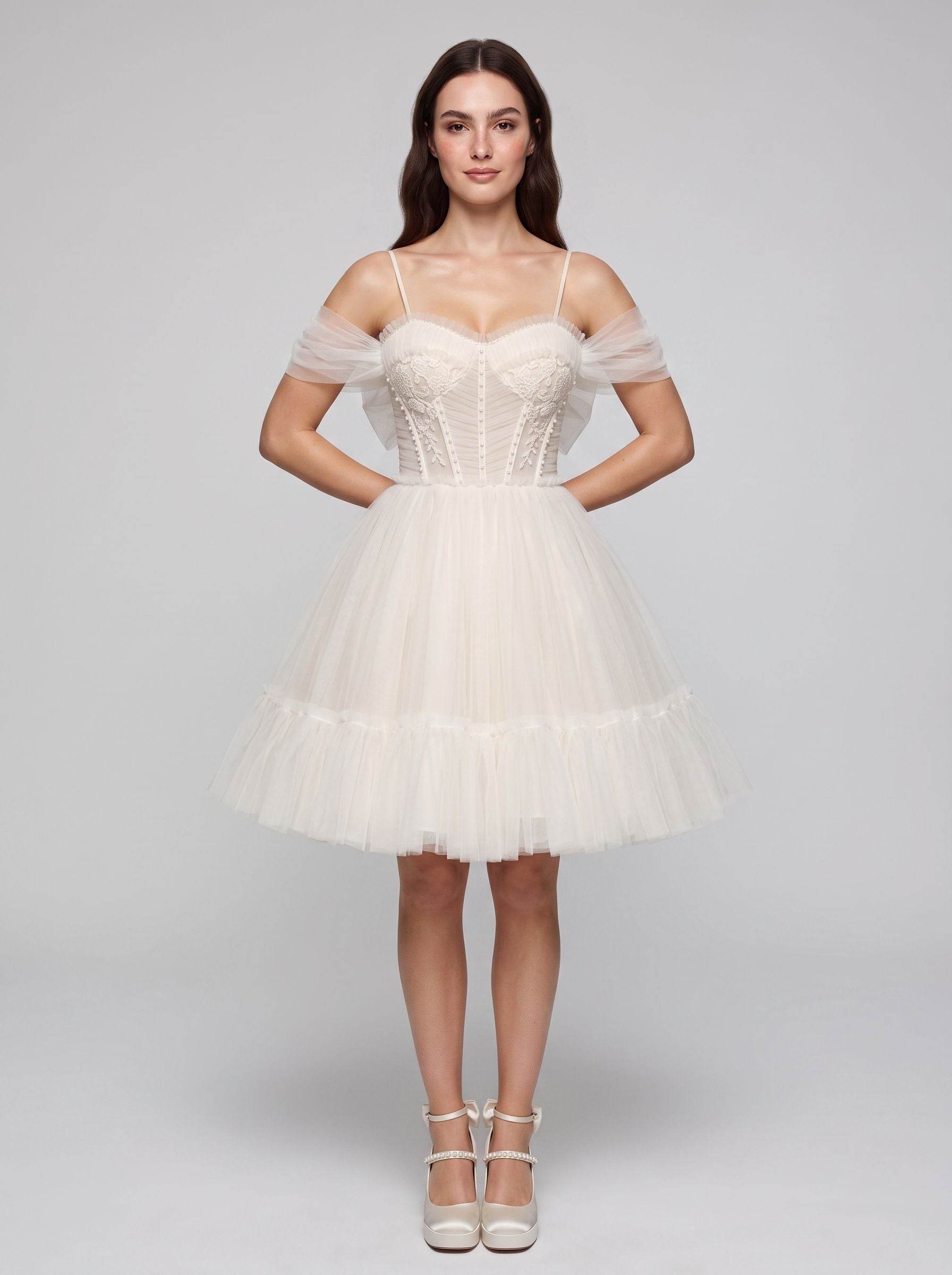 Ivory Tulle A-Line Sweetheart Bow Short Dress with Spaghetti Straps - Curvevia