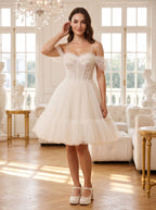 Ivory Tulle A-Line Sweetheart Bow Short Dress with Spaghetti Straps - Curvevia