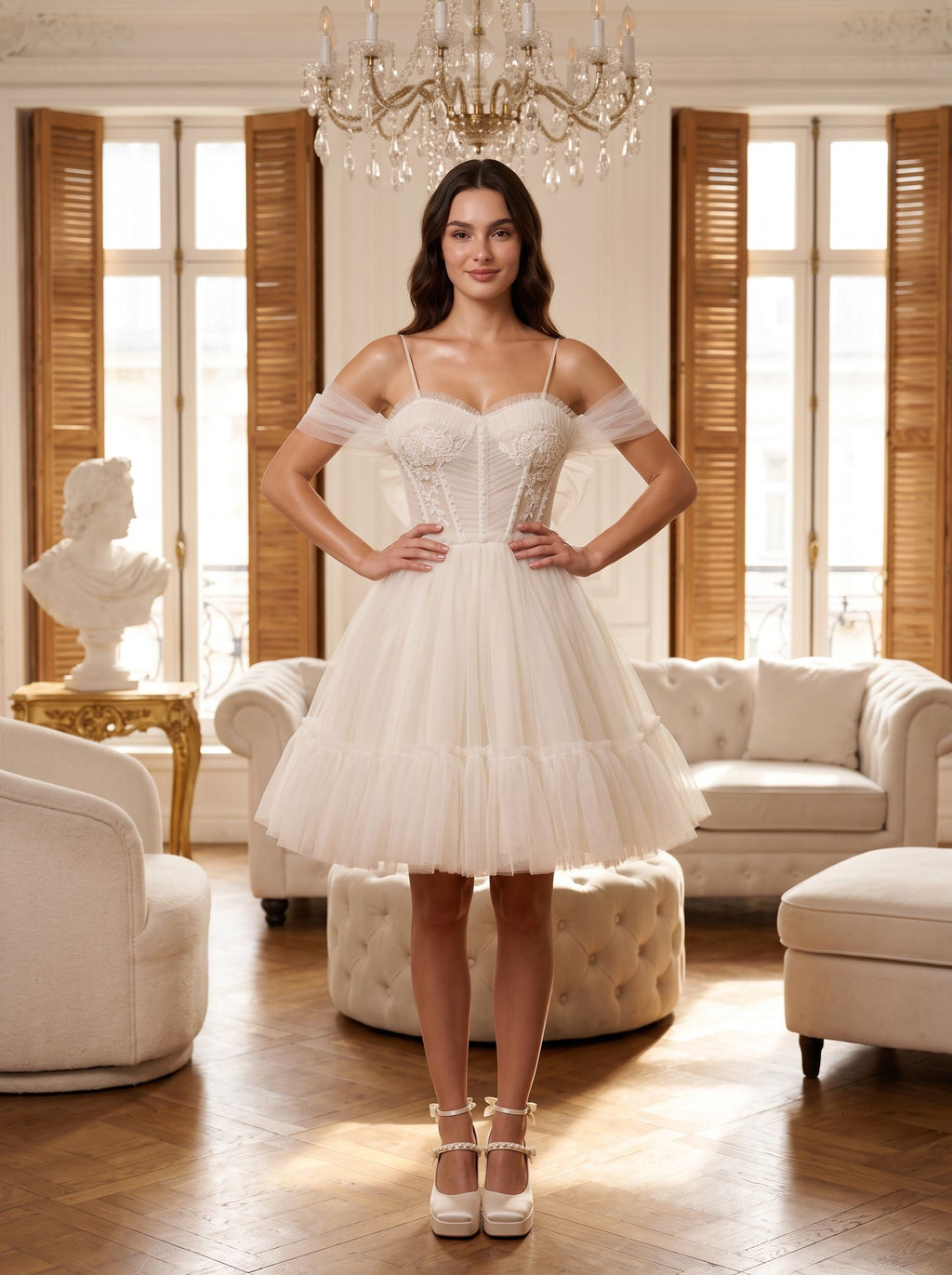 Ivory Tulle A-Line Sweetheart Bow Short Dress with Spaghetti Straps - Curvevia