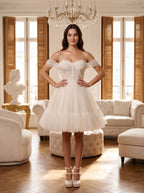 Ivory Tulle A-Line Sweetheart Bow Short Dress with Spaghetti Straps - Curvevia