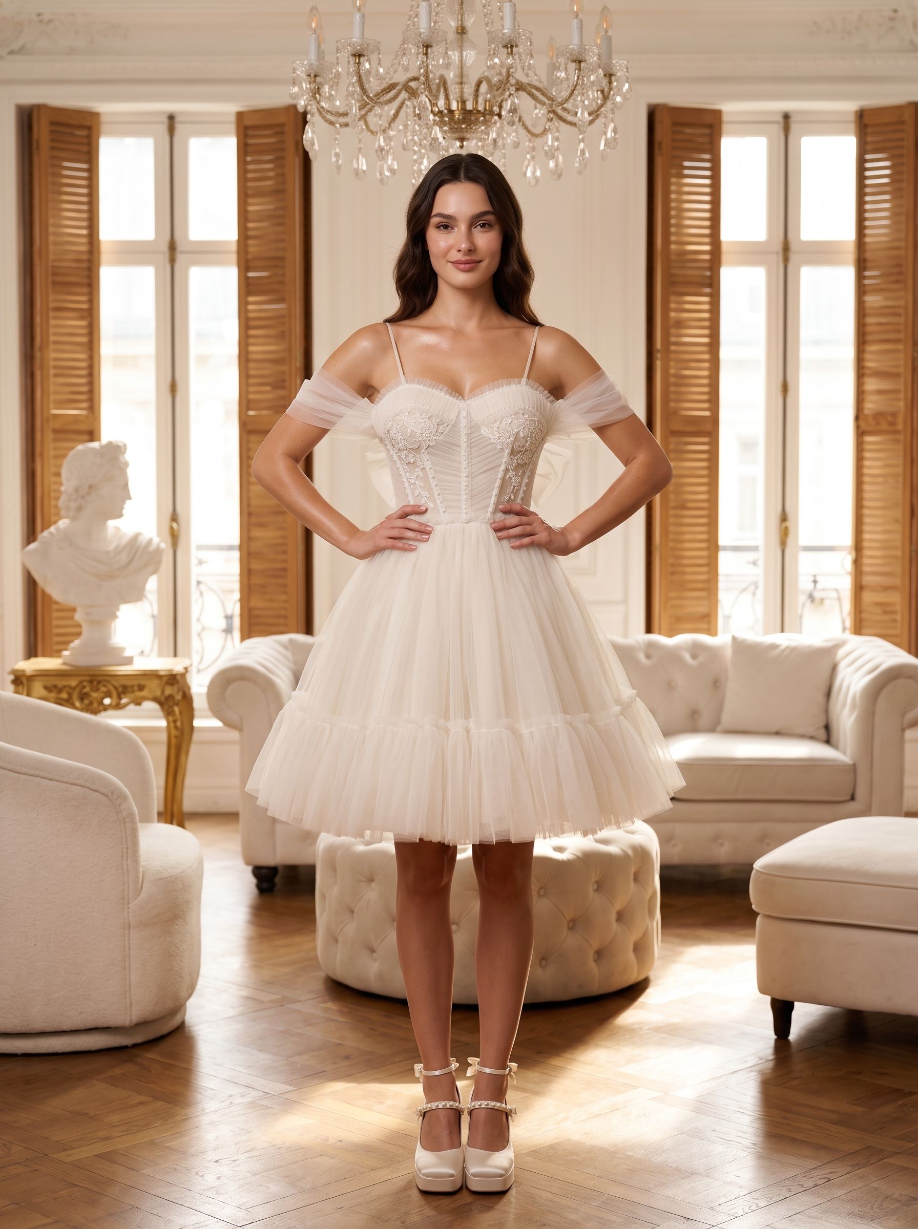 Ivory Tulle A-Line Sweetheart Bow Short Dress with Spaghetti Straps - Curvevia