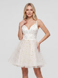 Ivory Tulle A-Line Sweetheart Lace-up Short Dress with Gold Stars - Curvevia