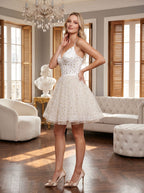 Ivory Tulle A-Line Sweetheart Lace-up Short Dress with Gold Stars - Curvevia