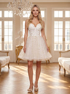 Ivory Tulle A-Line Sweetheart Lace-up Short Dress with Gold Stars - Curvevia