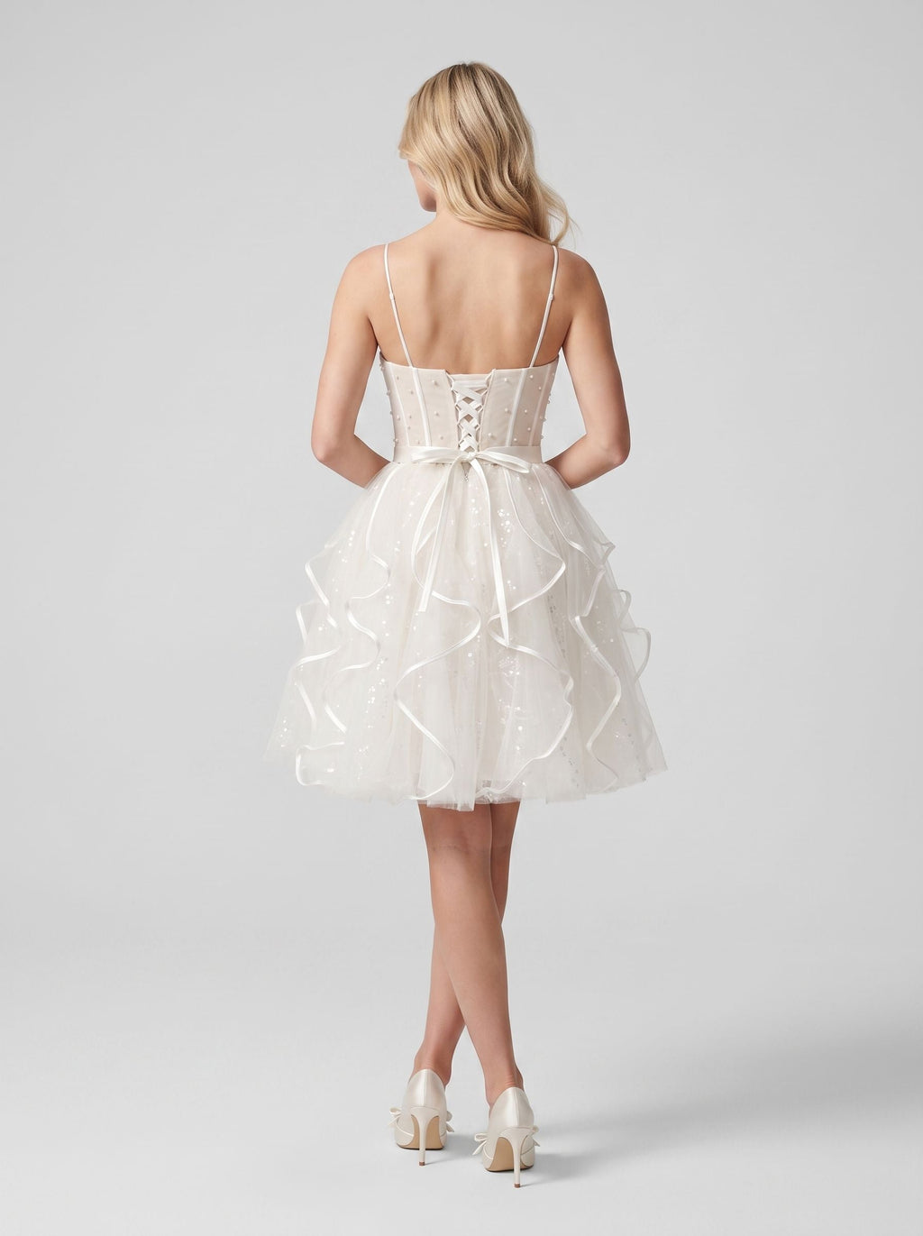 Ivory Tulle A-Line Sweetheart Lace-up Short Dress with Pearl Accents - Curvevia