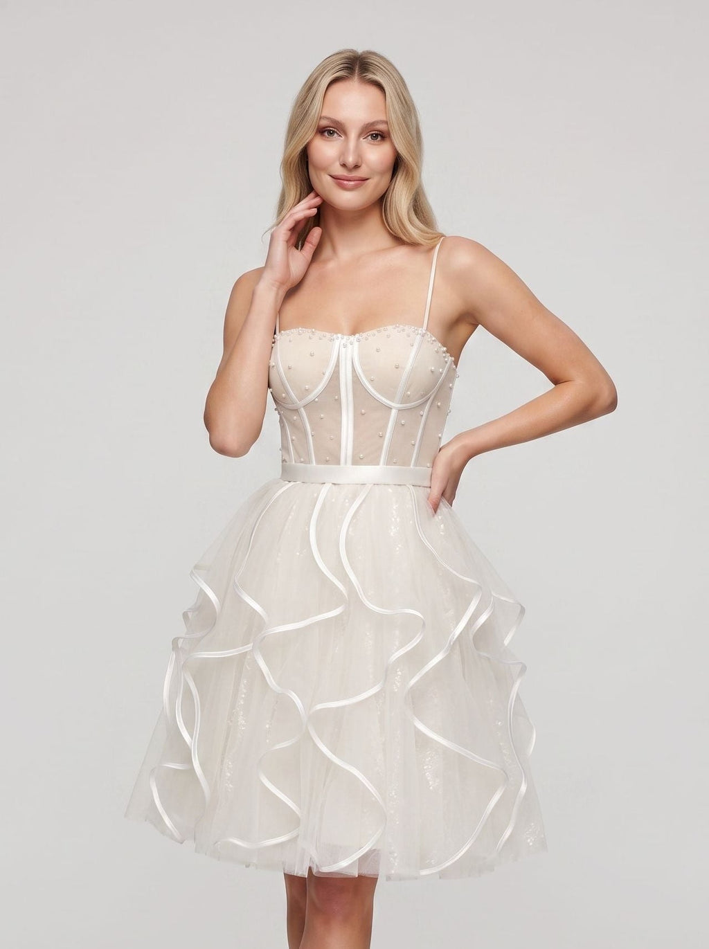 Ivory Tulle A-Line Sweetheart Lace-up Short Dress with Pearl Accents - Curvevia