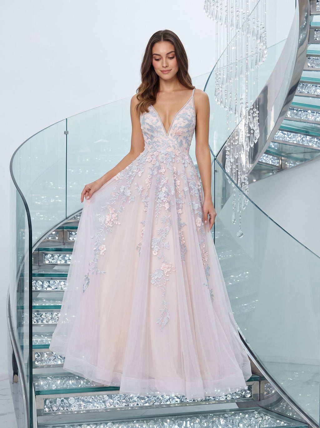 Blushing Pink Tulle A-Line V-Neck Backless Floor-Length Dress with Lace Appliques and Pleated Bodice - Curvevia