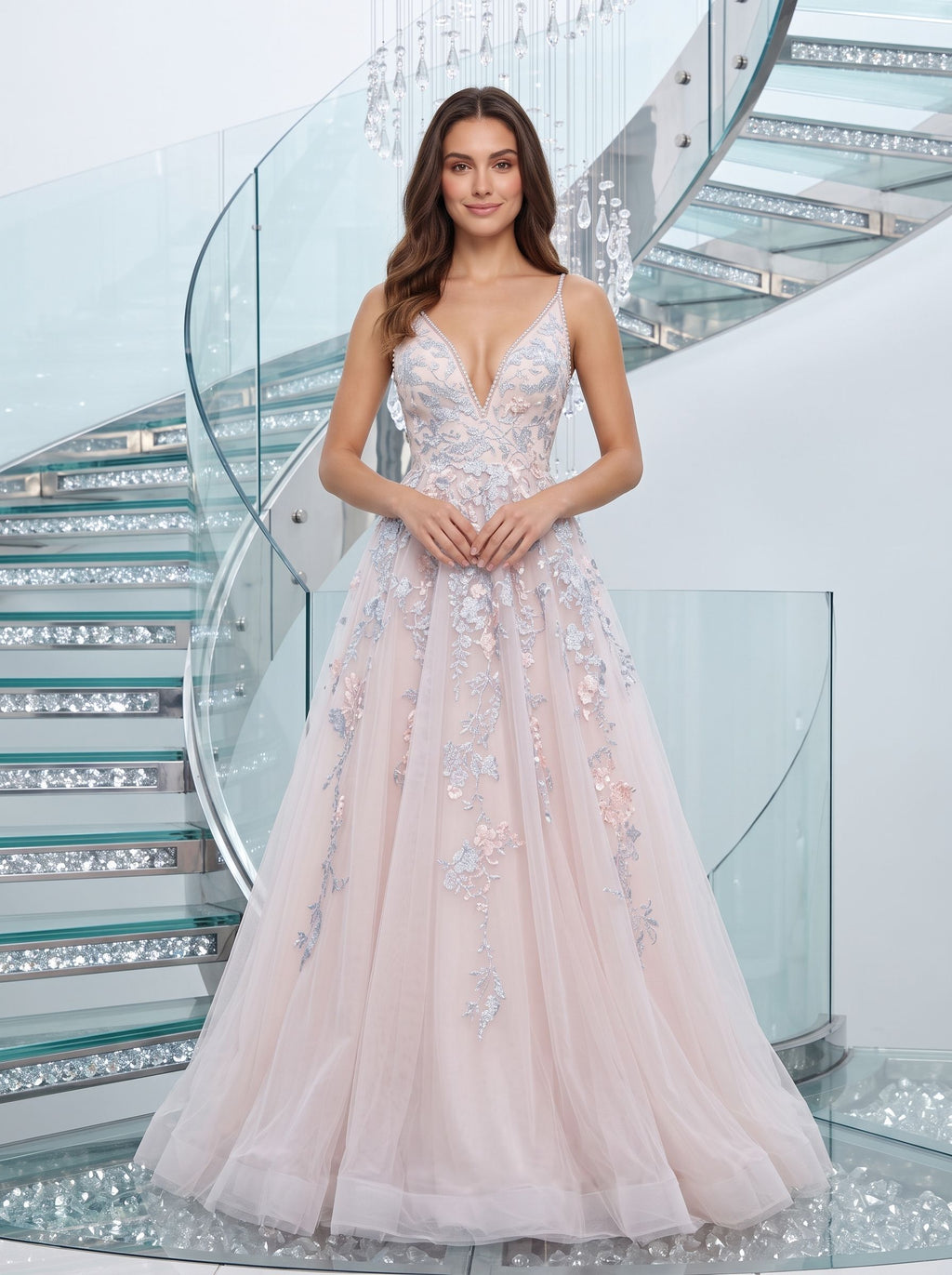 Blushing Pink Tulle A-Line V-Neck Backless Floor-Length Dress with Lace Appliques and Pleated Bodice - Curvevia