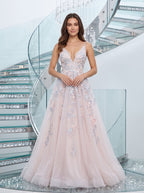Blushing Pink Tulle A-Line V-Neck Backless Floor-Length Dress with Lace Appliques and Pleated Bodice - Curvevia