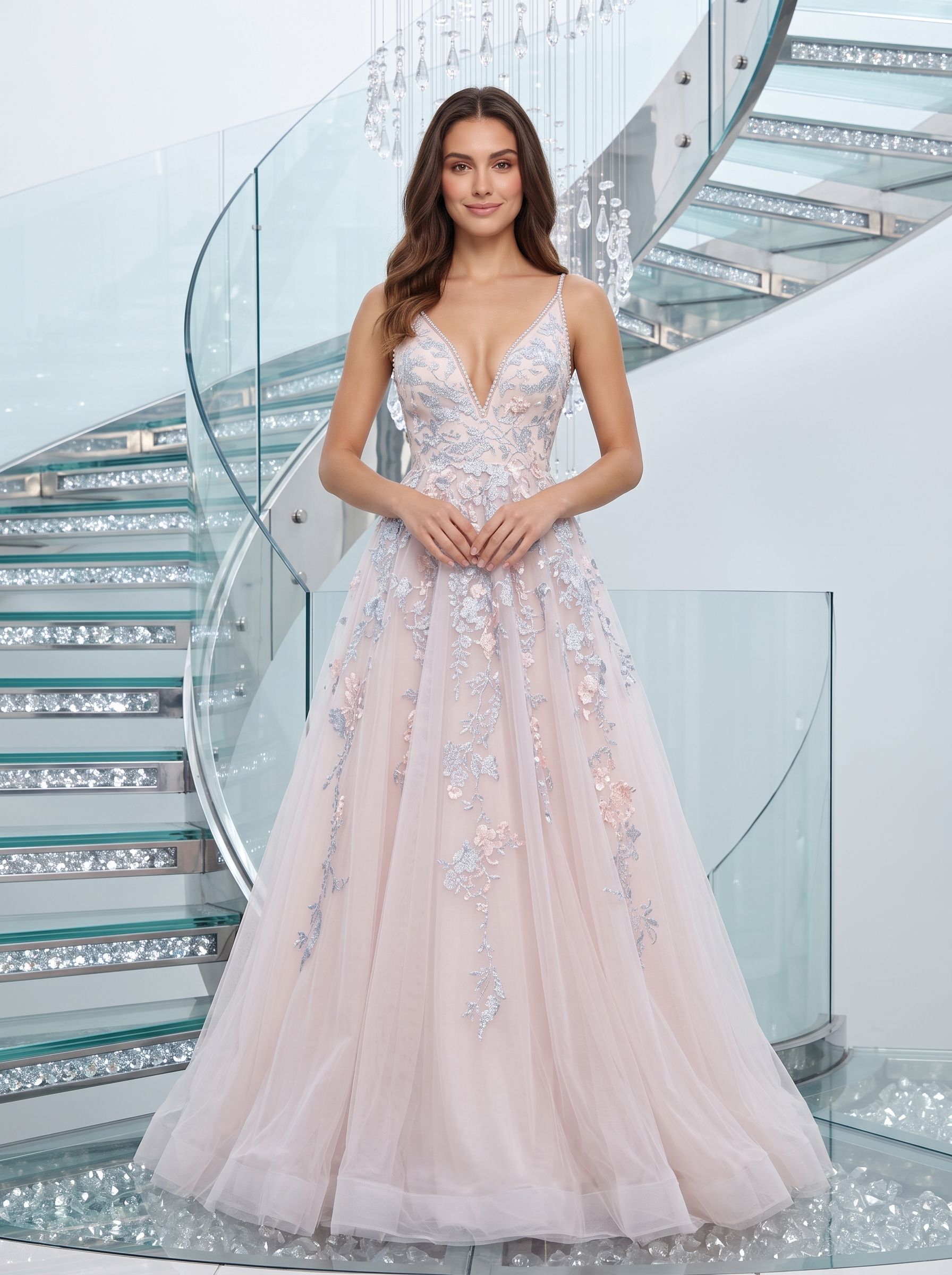 Blushing Pink Tulle A-Line V-Neck Backless Floor-Length Dress with Lace Appliques and Pleated Bodice - Curvevia