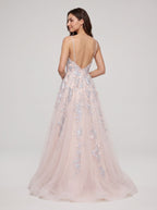 Blushing Pink Tulle A-Line V-Neck Backless Floor-Length Dress with Lace Appliques and Pleated Bodice - Curvevia