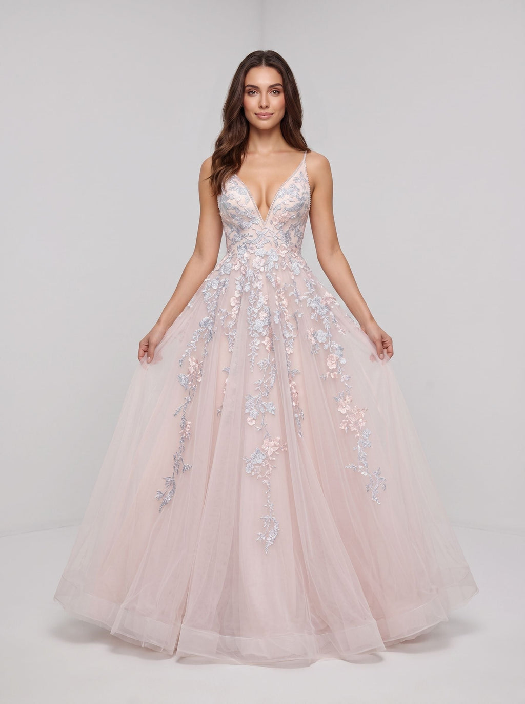 Blushing Pink Tulle A-Line V-Neck Backless Floor-Length Dress with Lace Appliques and Pleated Bodice - Curvevia