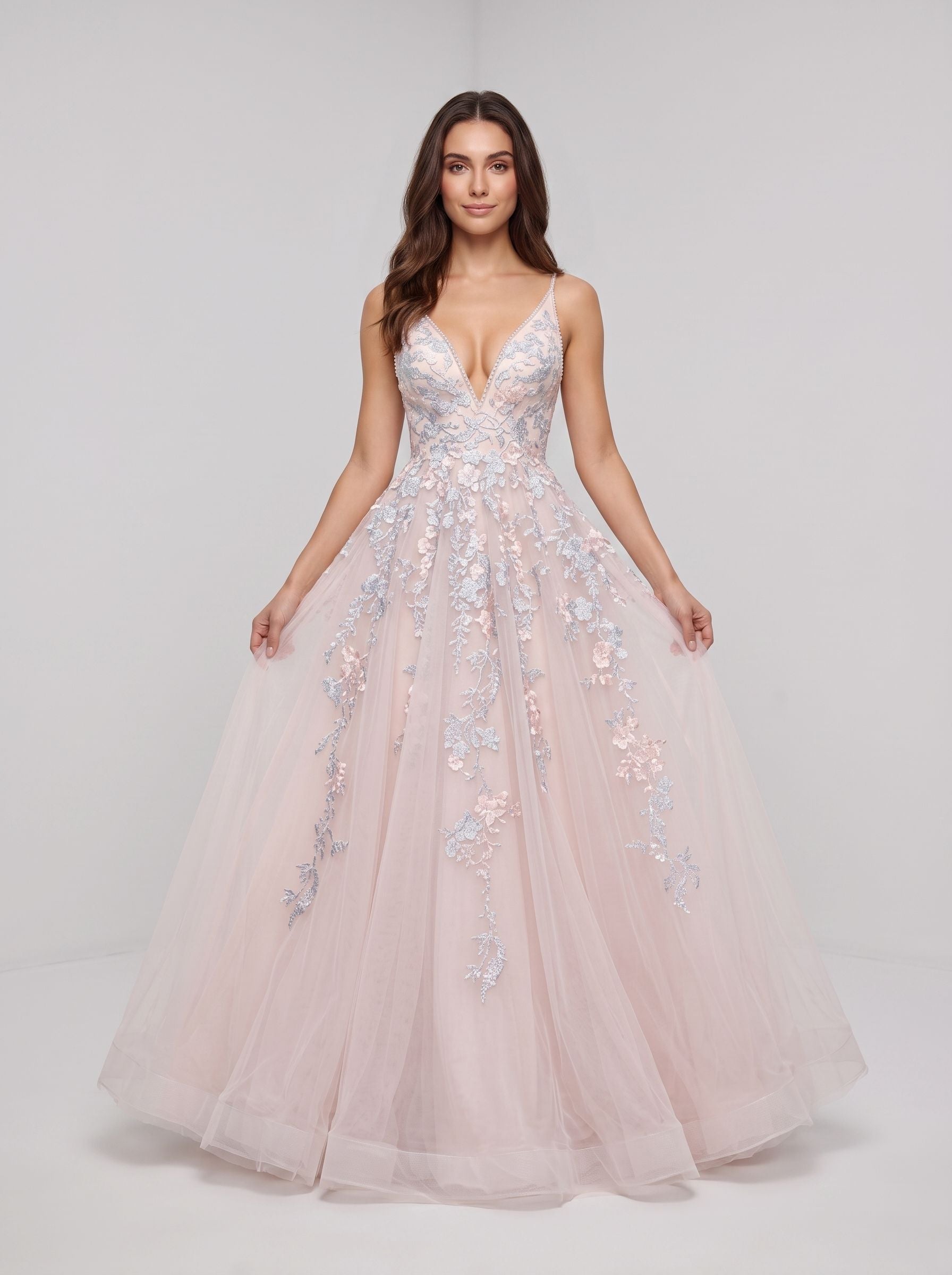 Blushing Pink Tulle A-Line V-Neck Backless Floor-Length Dress with Lace Appliques and Pleated Bodice - Curvevia