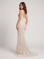 Ivory Tulle & Lace Mermaid Square Neck Back Zip Floor-Length Dress with 3D Floral Appliques - Curvevia
