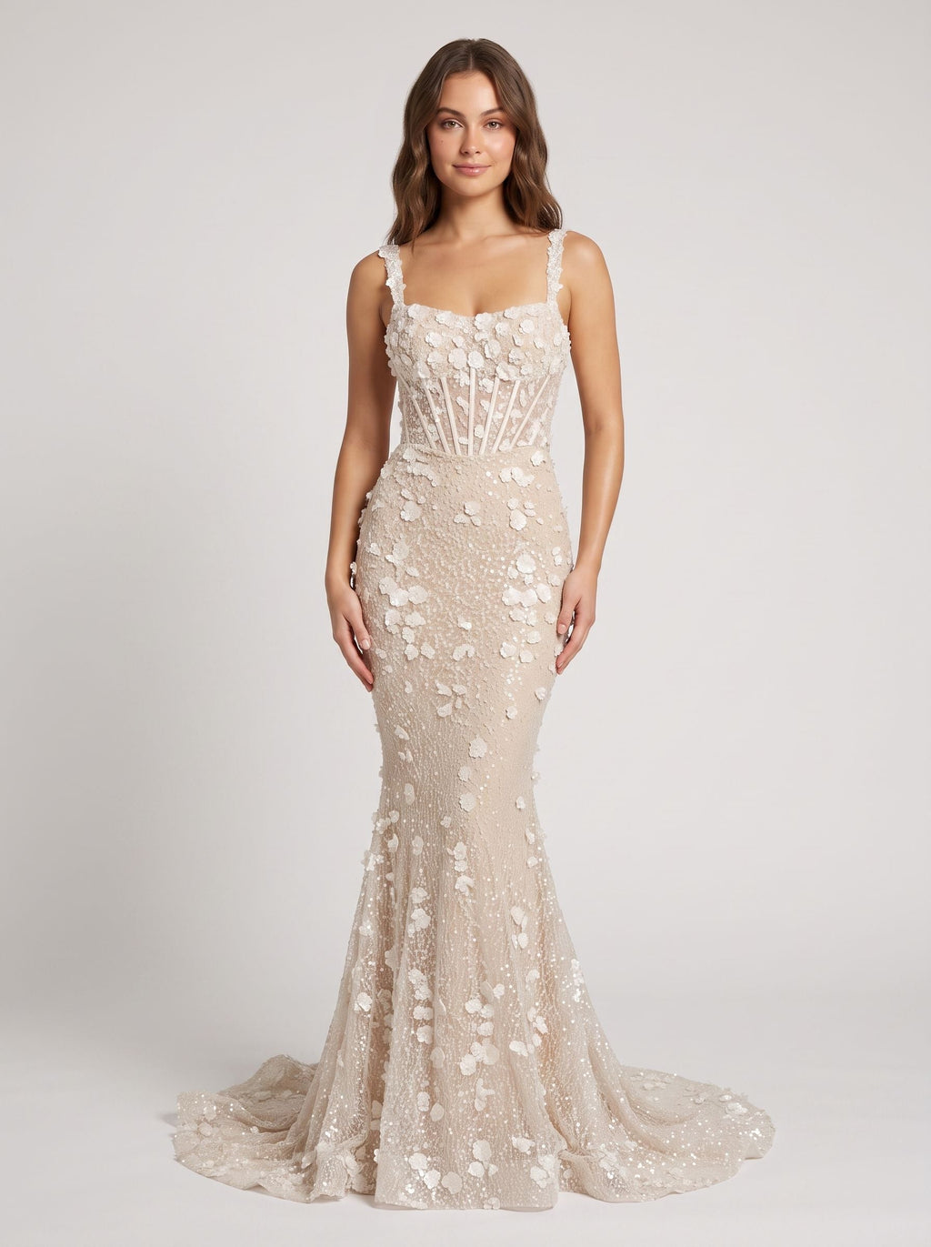 Ivory Tulle & Lace Mermaid Square Neck Back Zip Floor-Length Dress with 3D Floral Appliques - Curvevia