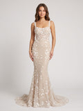 Ivory Tulle & Lace Mermaid Square Neck Back Zip Floor-Length Dress with 3D Floral Appliques - Curvevia