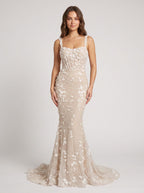Ivory Tulle & Lace Mermaid Square Neck Back Zip Floor-Length Dress with 3D Floral Appliques - Curvevia