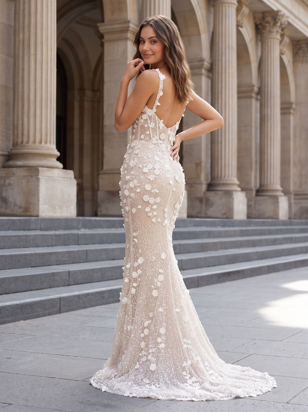 Ivory Tulle & Lace Mermaid Square Neck Back Zip Floor-Length Dress with 3D Floral Appliques - Curvevia