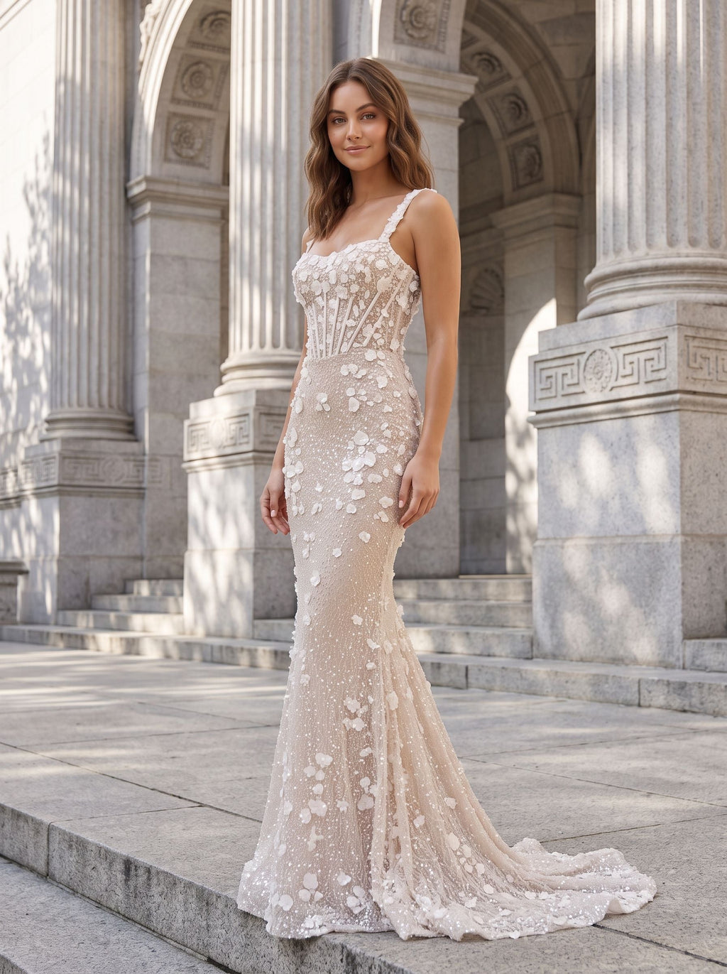 Ivory Tulle & Lace Mermaid Square Neck Back Zip Floor-Length Dress with 3D Floral Appliques - Curvevia