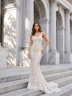 Ivory Tulle & Lace Mermaid Square Neck Back Zip Floor-Length Dress with 3D Floral Appliques - Curvevia