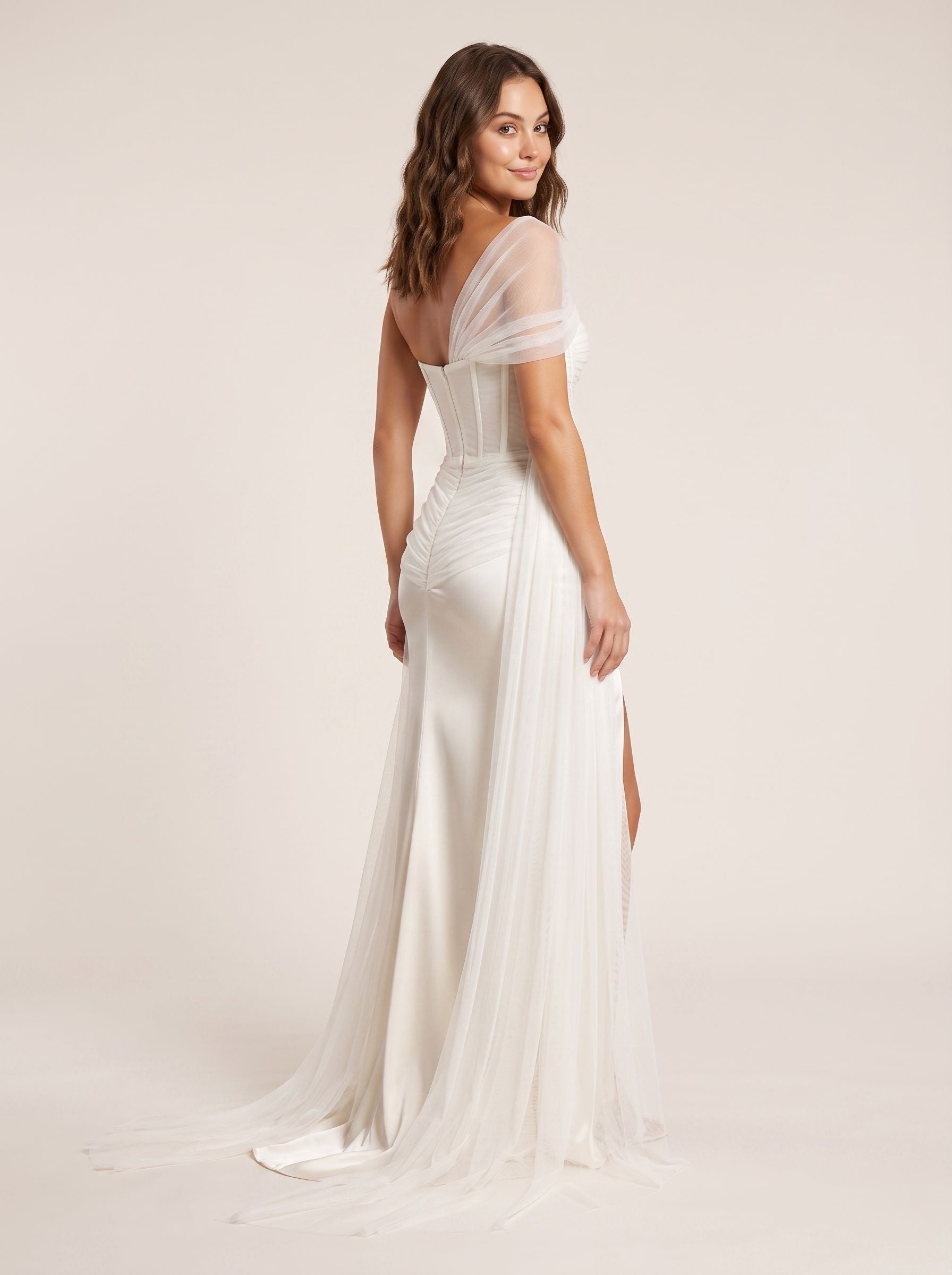 Ivory Tulle Mermaid Sweetheart Back Zip Floor-Length Dress with a High Slit - Curvevia