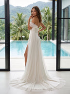Ivory Tulle Mermaid Sweetheart Back Zip Floor-Length Dress with a High Slit - Curvevia