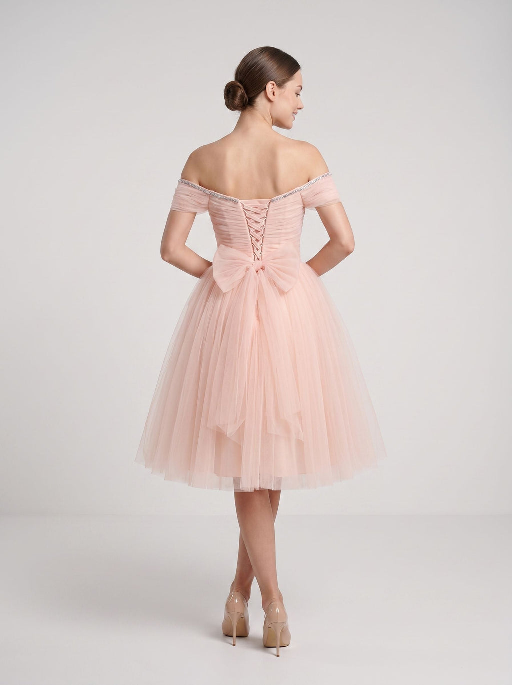 Blushing Pink Tulle A-Line Off-the-Shoulder Lace-up Short Dress with Ruched Bodice - Curvevia