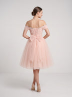 Blushing Pink Tulle A-Line Off-the-Shoulder Lace-up Short Dress with Ruched Bodice - Curvevia