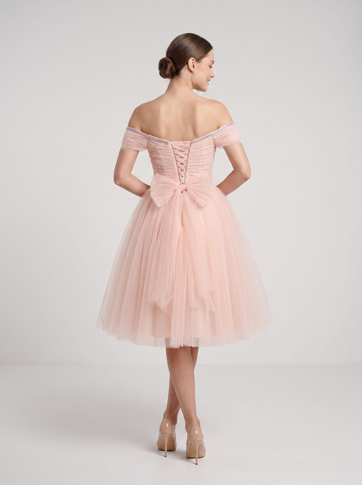 Blushing Pink Tulle A-Line Off-the-Shoulder Lace-up Short Dress with Ruched Bodice - Curvevia