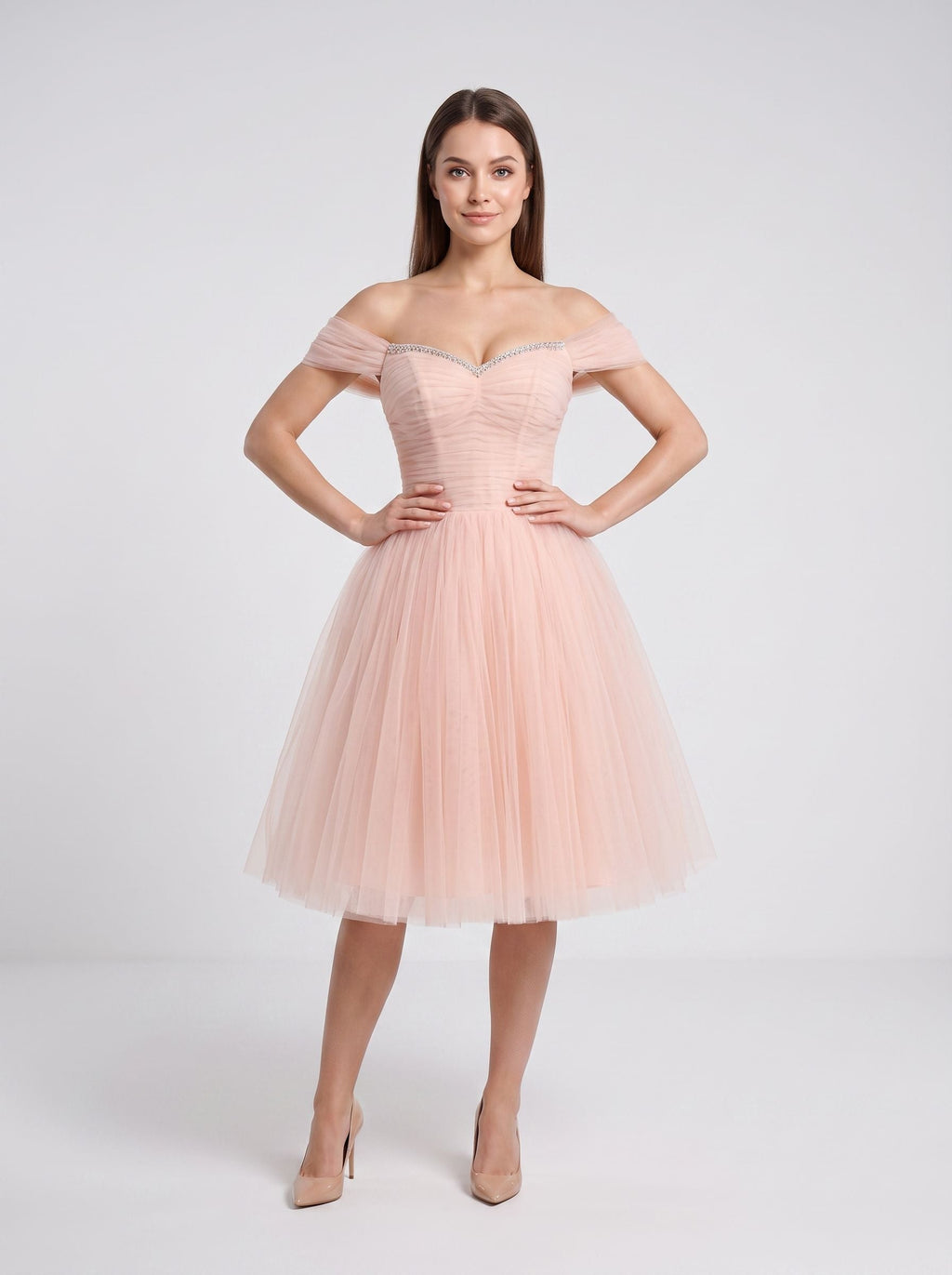 Blushing Pink Tulle A-Line Off-the-Shoulder Lace-up Short Dress with Ruched Bodice - Curvevia