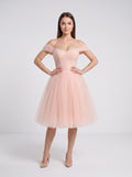 Blushing Pink Tulle A-Line Off-the-Shoulder Lace-up Short Dress with Ruched Bodice - Curvevia