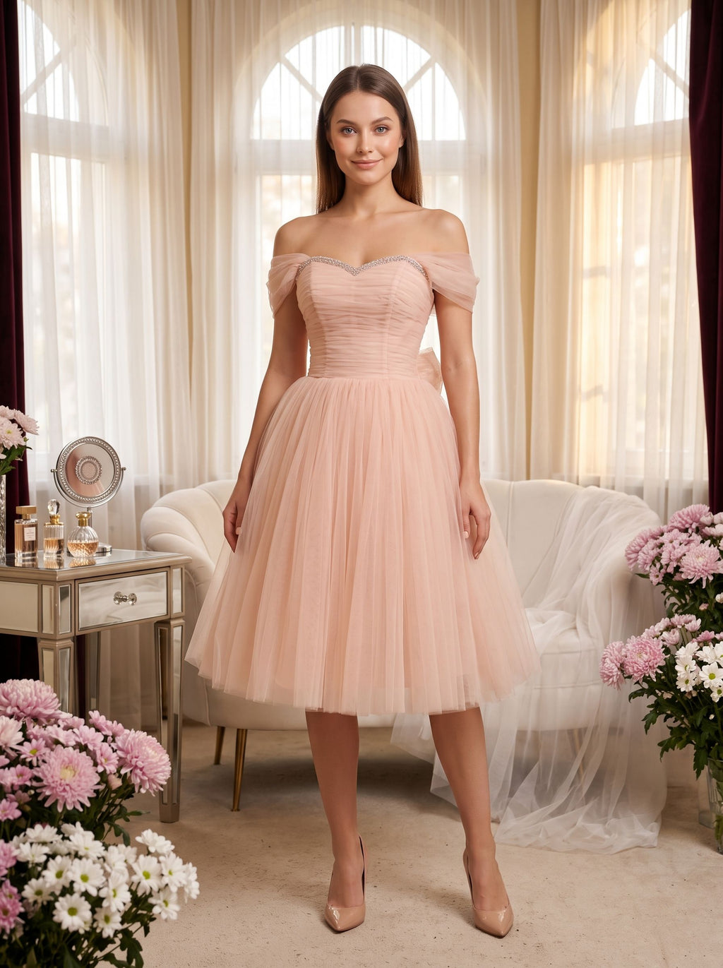 Blushing Pink Tulle A-Line Off-the-Shoulder Lace-up Short Dress with Ruched Bodice - Curvevia