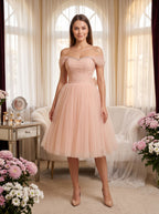 Blushing Pink Tulle A-Line Off-the-Shoulder Lace-up Short Dress with Ruched Bodice - Curvevia