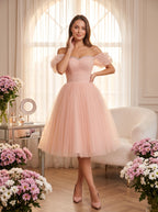 Blushing Pink Tulle A-Line Off-the-Shoulder Lace-up Short Dress with Ruched Bodice - Curvevia