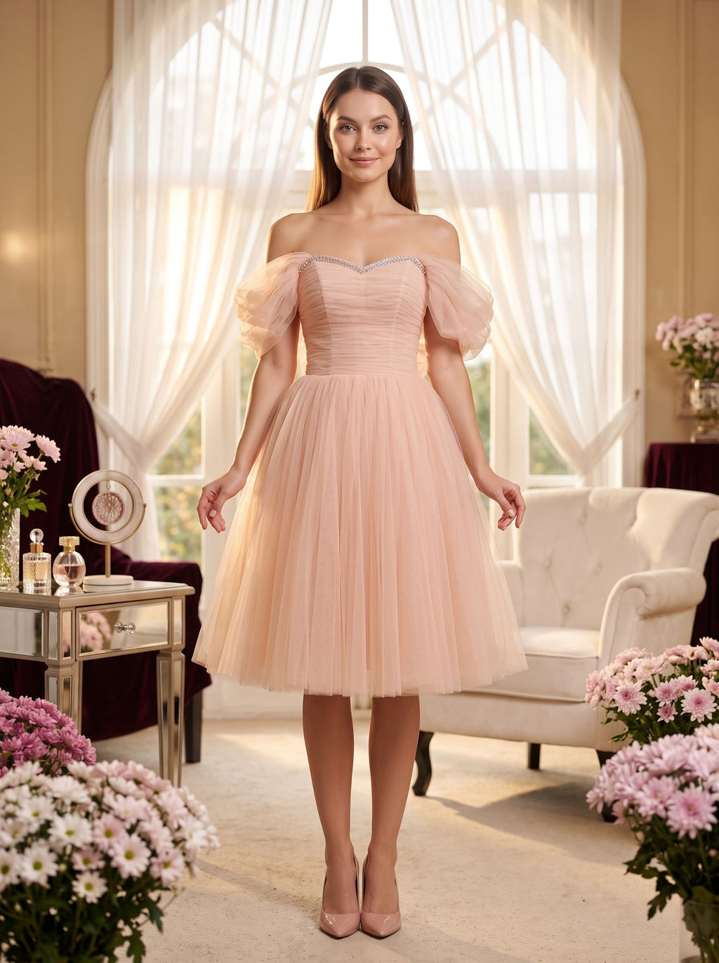 Blushing Pink Tulle A-Line Off-the-Shoulder Lace-up Short Dress with Ruched Bodice - Curvevia