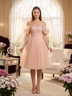 Blushing Pink Tulle A-Line Off-the-Shoulder Lace-up Short Dress with Ruched Bodice - Curvevia