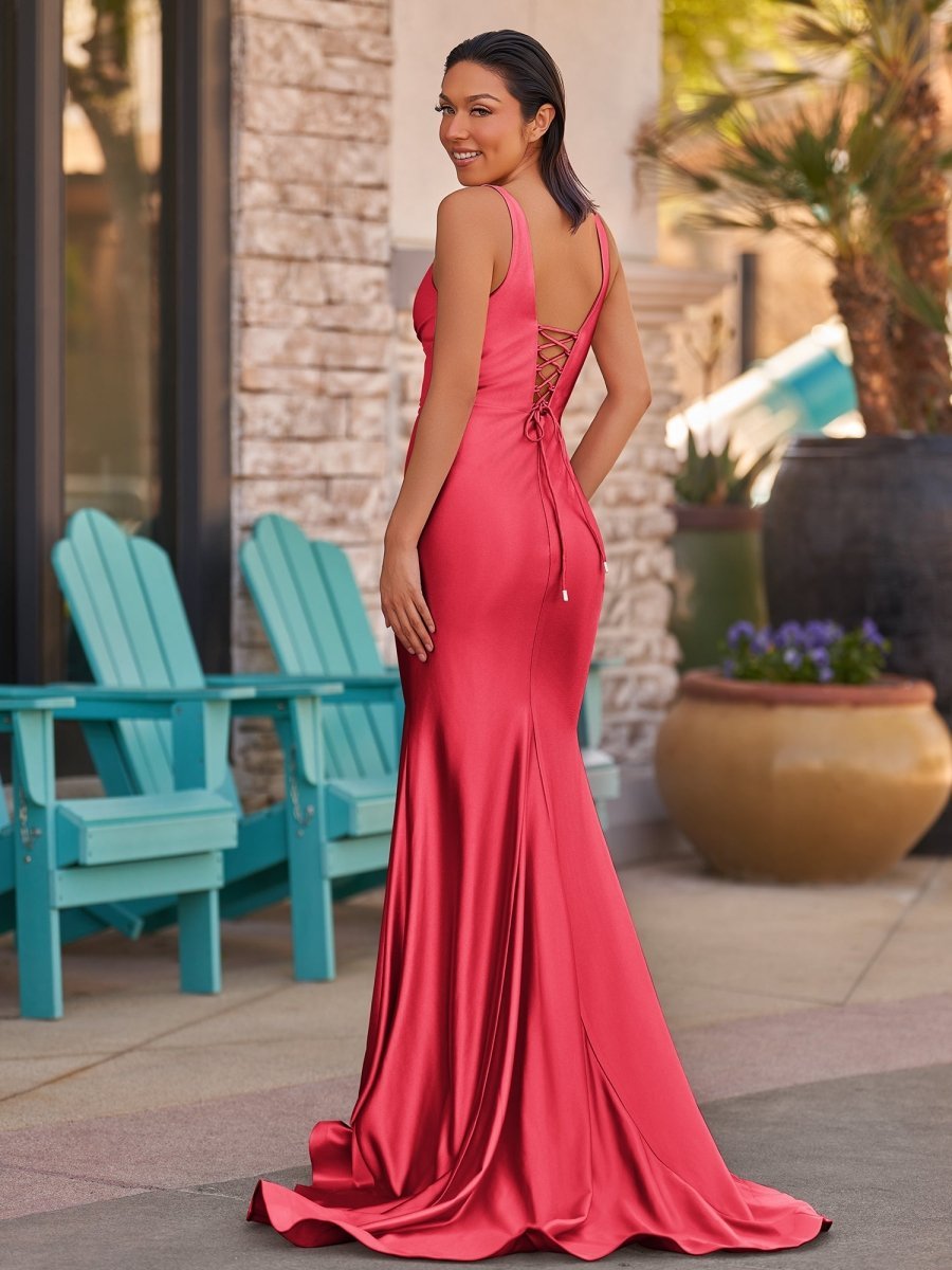 Pink V Neck Satin Mermaid Sleeveless Long Evening Dress - Curvevia
