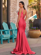 Pink V Neck Satin Mermaid Sleeveless Long Evening Dress - Curvevia