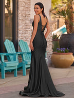 Pink V Neck Satin Mermaid Sleeveless Long Evening Dress - Curvevia