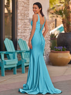 Pink V Neck Satin Mermaid Sleeveless Long Evening Dress - Curvevia