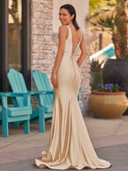 Pink V Neck Satin Mermaid Sleeveless Long Evening Dress - Curvevia