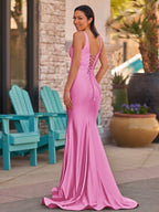 Pink V Neck Satin Mermaid Sleeveless Long Evening Dress - Curvevia