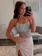 Mermaid Champagne Strapless Sequins Long Evening Dress with Slit - Curvevia