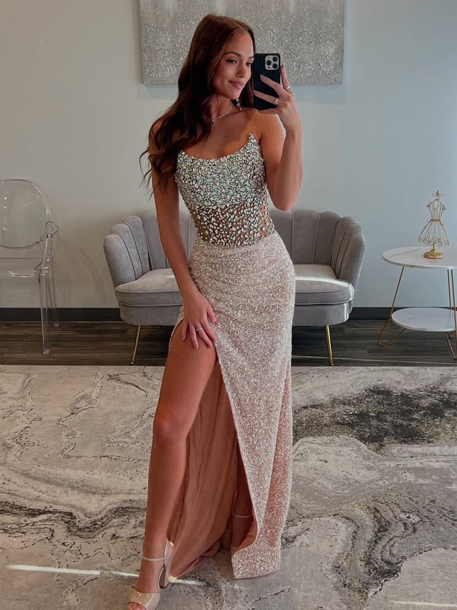 Mermaid Champagne Strapless Sequins Long Evening Dress with Slit - Curvevia